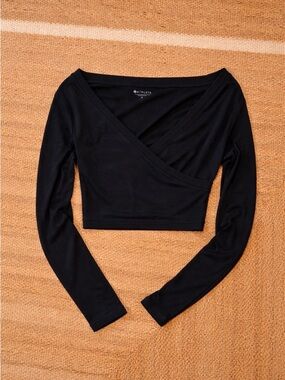 Athleta Black Wrap-Front Long-Sleeve Crop Top